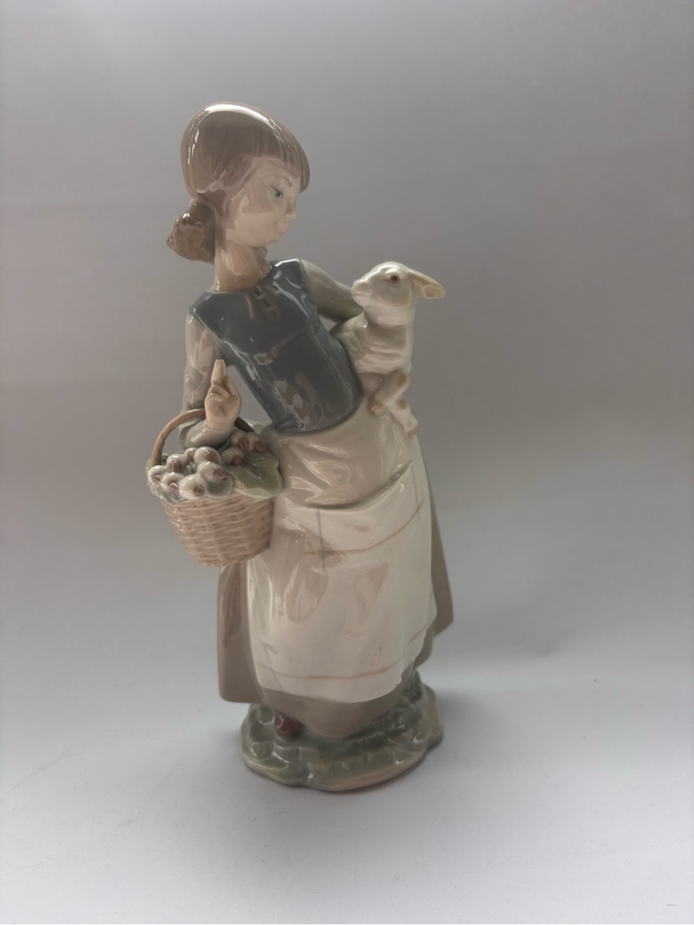 Porcelain Girl with Lamb Figurine - Neutral Beige and Blue